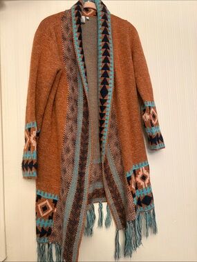 Origami brand Open-Front Rust & Teal Aztec Knit Cardigan Sweater